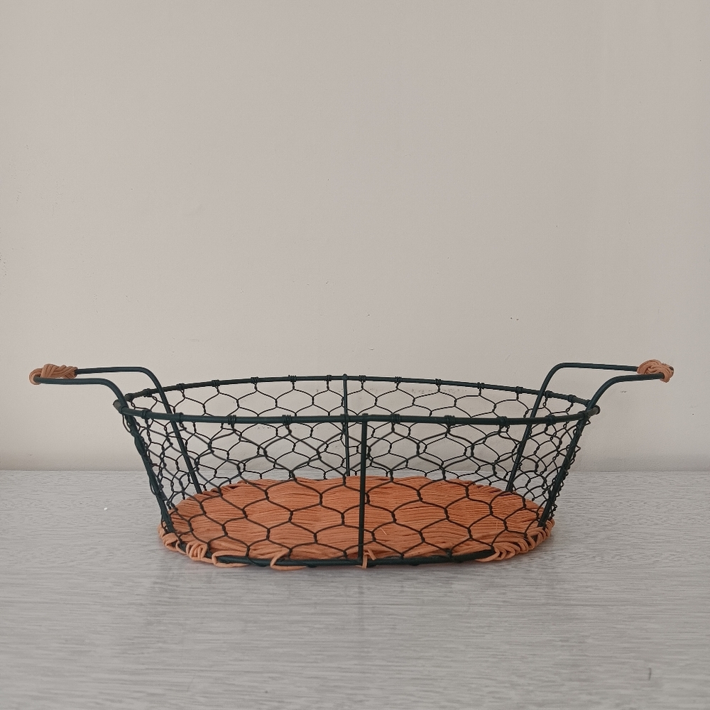 Oval Woven Wicker & Metal Wire Mesh Basket with Side Handles